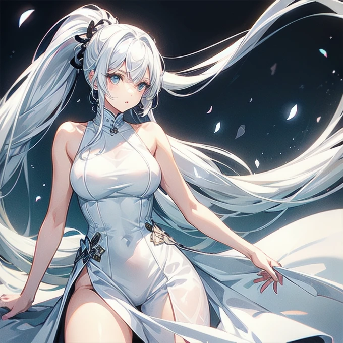 A girl with white hair and high ponytail，Dressed in a long white dress，Black pants，No other decoration，Clean white legs，Bare arms，Simple skirt，Clothing not fitting