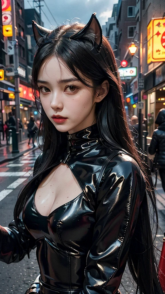 （Under the elevated）， Woman with whip， （（top Quority， 8K， tmasterpiece： 1.3））， Clear focus： 1.2， Beautiful Women in Perfect Figure： 1.4， Slender Abs： 1.2， （（layer cut， The large： 1.2））， （Sateen， the street： 1.2）， Wet body： 1.5， Highly Detailed Face and Skin Textur， japanese idle ,Detailed eyes，Smooth long hair， studio，BDSM， slaves， Rubber dress，Catwoman one-piece black leather coat，Catwoman ears，Grim expression，Don't get close to people，black color hair,mask