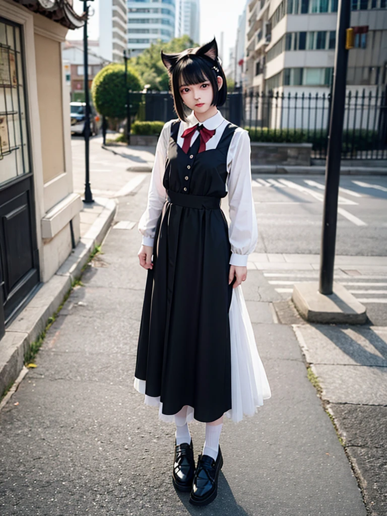 girl, dressed in white long sleeves, with a black vest and knee-length black skirt, slightly narrow, red eyes, detailed eyes, long black socks, school shoes, has cat ears, has short black hair like a boy, but has a lot of hair, the sides of her hair stick out, she is a calm girl, short hair like boy, long black dress