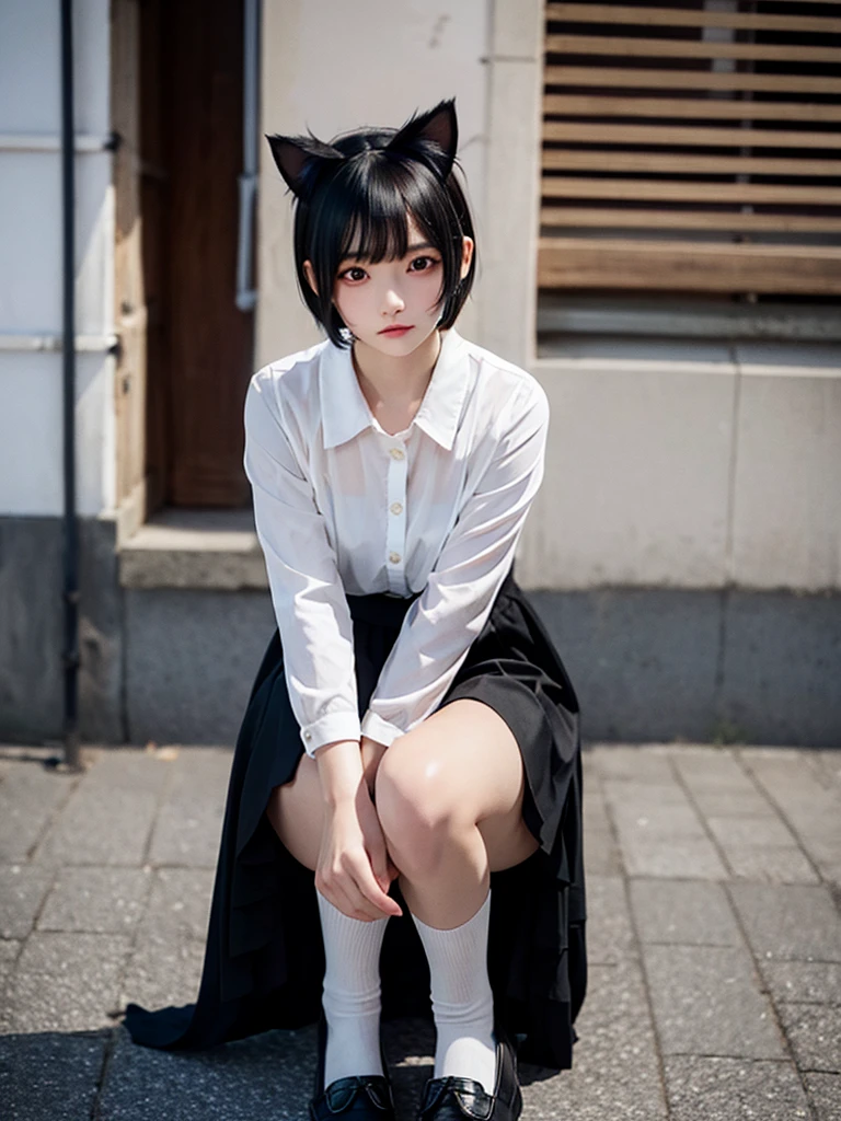 girl, dressed in white long sleeves, with a black vest and knee-length black skirt, slightly narrow, red eyes, detailed eyes, long black socks, school shoes, has cat ears, has short black hair like a boy, but has a lot of hair, the sides of her hair stick out, she is a calm girl, short hair like boy, long black dress