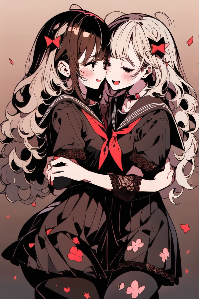 (((YURI))), Perfect Face, Multiple Girls, (((2Girls))), ((Brown Hair Gril, Short Hair)), ((Blonde Hair Girl, Wavy Hair)), (((Two Friendly Girls:1.4))), ((Hug)), Open Mouth:0.5, kiss:0.5, (((Symmetrical Posture, Cheeks Touching:1.5))), (((Smile))), (Half Closed Eyes), BREAK; 
(MakeUp, Red Eyeliner), (Wavy Hair, Short Hair), ((School Uniform, Sailor Suit, Dark Brown Collar, Dark Brown Shirts, Short Sleeve, Red Neckerchief)), ((School, Dark Brown Skirt)), (Brown Lace Pantyhose, Lace:1.5), Thighs:1.1, (Brown Loafers), Slender Body, ((Small Breasts:1.4)), Red Nails, 
BREAK; 
(8K, Best Quality, Ultra Detailliert, Highres, Absurdres, Perfect Anatomy, Masterpiece), Strong Outline, Five Fingers, (Blush), ((Posed Photo:1.3)), ((Wide-Angle Photo:1.3)), Dutch Angle, (Floral Print:1.3), (White BackGround), (Flower BackGround:1.3), (Floral BackGround:1.3),