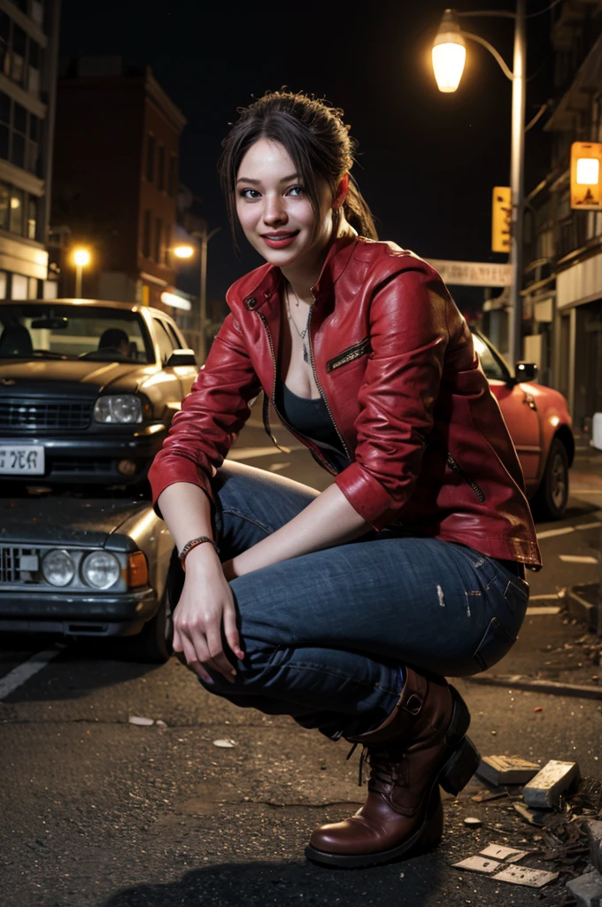 1girl, (realistic),(hyperrealism),(best quality),(masterpiece),(ultra high res),(photorealistic),idol,eye makeup,detailed eyes,detailed face,black dress, claireredfield2, brown hair, (red jacket:1.2), ponytail, (denim pants:1.3),,  red wristband, grey inner bra, old grey boots,,  abandoned street, burning cars in background, littered street, smoke, chaos, zombie apocalypse, nighttime, streetlamp illumination, full moon,,  flirting, looking at viewer, smiling, squatting