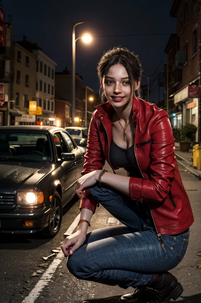 1girl, (realistic),(hyperrealism),(best quality),(masterpiece),(ultra high res),(photorealistic),idol,eye makeup,detailed eyes,detailed face,black dress, claireredfield2, brown hair, (red jacket:1.2), ponytail, (denim pants:1.3),, red wristband, grey inner bra, old grey boots,, abandoned street, burning cars in background, littered street, smoke, chaos, zombie apocalypse, nighttime, streetlamp illumination, full moon,, flirting, looking at viewer, smiling, squatting