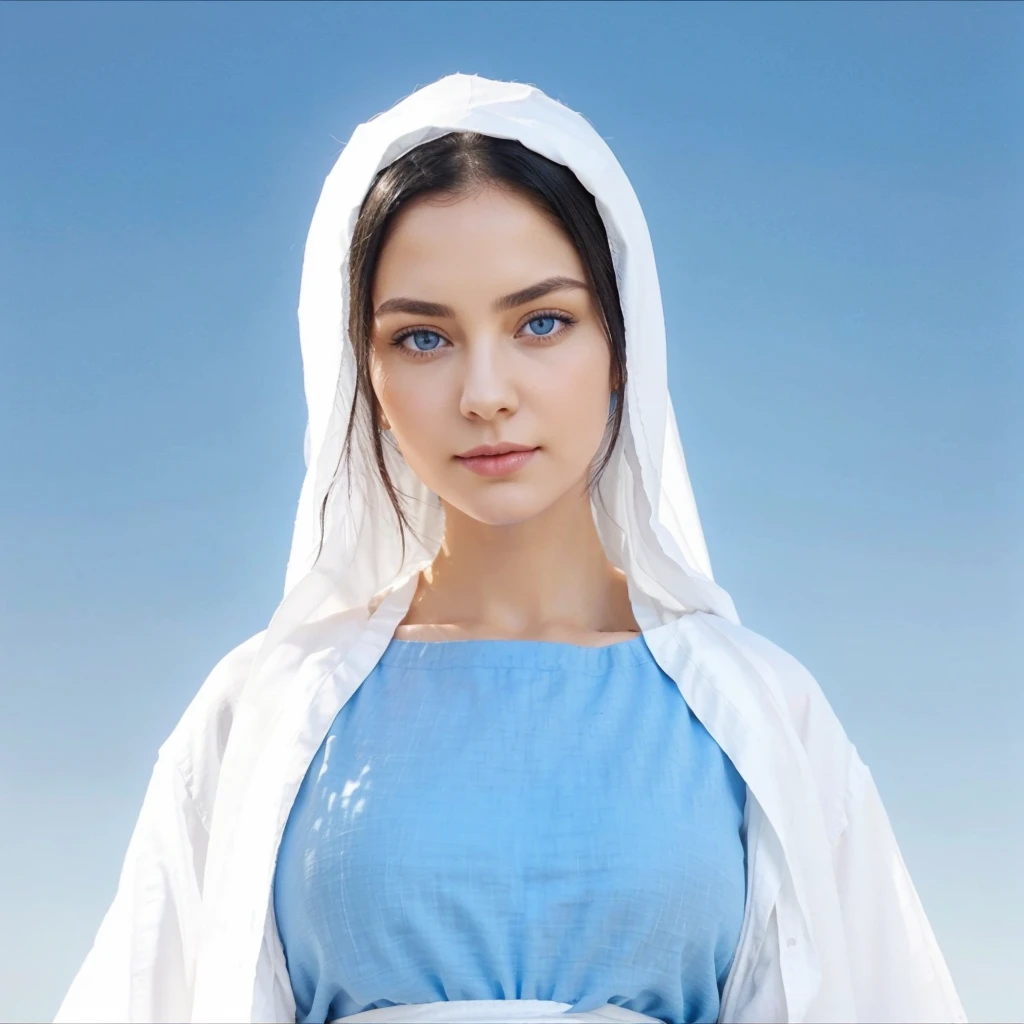 Beautiful woman with light blue eyes, Raised eyebrows, Black hair. White linen tunic with wide, long sleeves, fitted at the waist with an interlaced white sash. Delicate female face with slight smile.