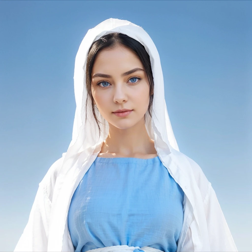Beautiful woman with light blue eyes, Raised eyebrows, Black hair. White linen tunic with wide, long sleeves, fitted at the waist with an interlaced white sash. Delicate female face with slight smile.
