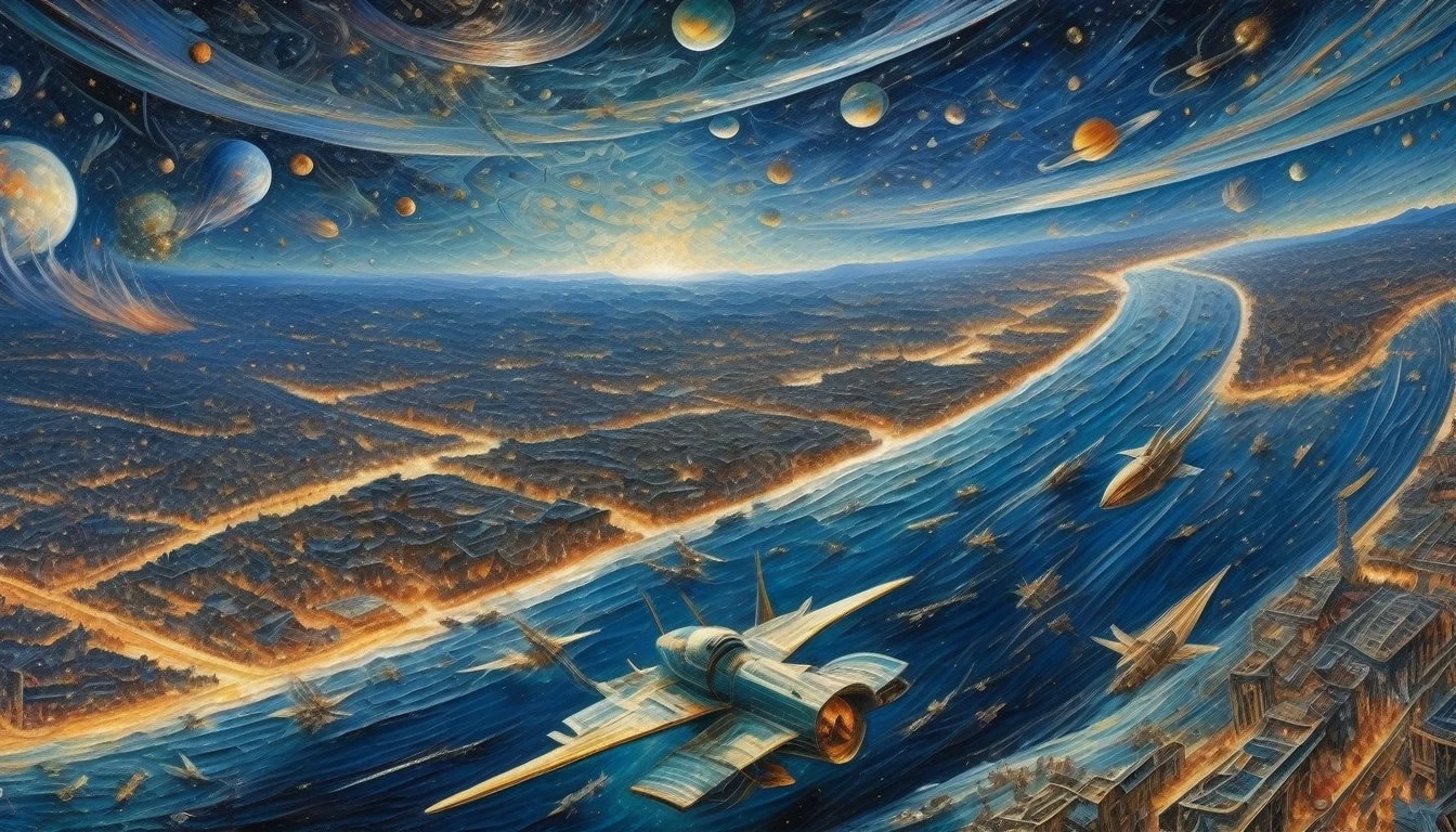 [panorama]:(best quality, Masterpiece:1,6)Space War((style by Umberto-Boccioni)), (oil painting), Detailed illustration, grotesque, Intricate details, tempering, (aesthetics), excitement, hyper-realistic, insanely detailed, 8k