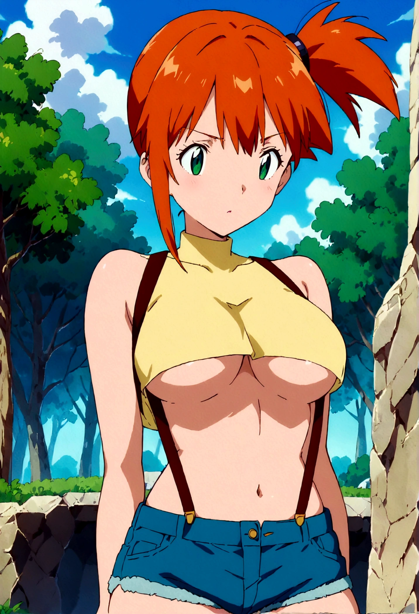 score_9,score_8, score_7_.superior, (from front:1),,(macro lens), (mature) , (outcome), One girl, , , Outdoor, Green Eyes, Orange Hair, Side Ponytail, Yellow Shirt, Sleeveless shirt,belly button, Denim shorts, suspenders, Captivating look, Seductive expressions),under_boob,(arms behind back,), perfect hands, detailed shadows,anime artwork, anime style, vibrant, studio anime,
highly detailed, anime coloring, masterpiece, best quality,
best aestethic, absurdres,