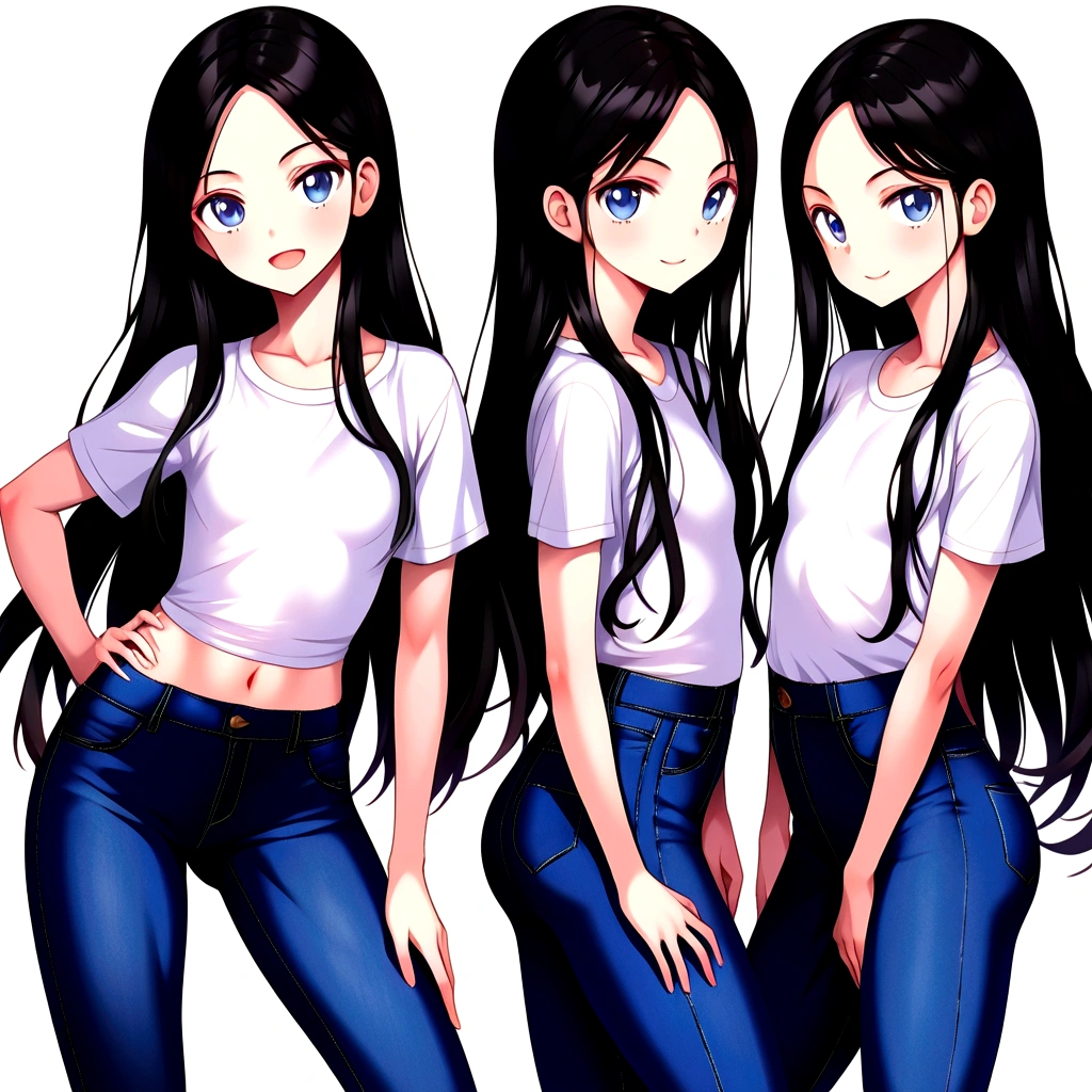 masterpiece , best quality , color , lineart , 1 girl , solo , 20 years old , flat chest , long hair , black hair , short sleeve , white tshirts , long pants , jeans , smirk , standing , hand on hip , open eyes , looking at viewer , open mouth , cowboy shot , from front , white backqround , simple backqround ,