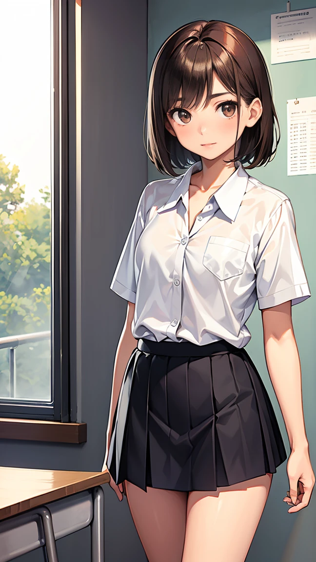 (1 woman), short bob, 18 years old, Japanese, brown eyes, brown hair, slim, (flat chest), high school girl, classroom, summer uniform break at school. Blouse was transparent and bra was visible. Black bra
