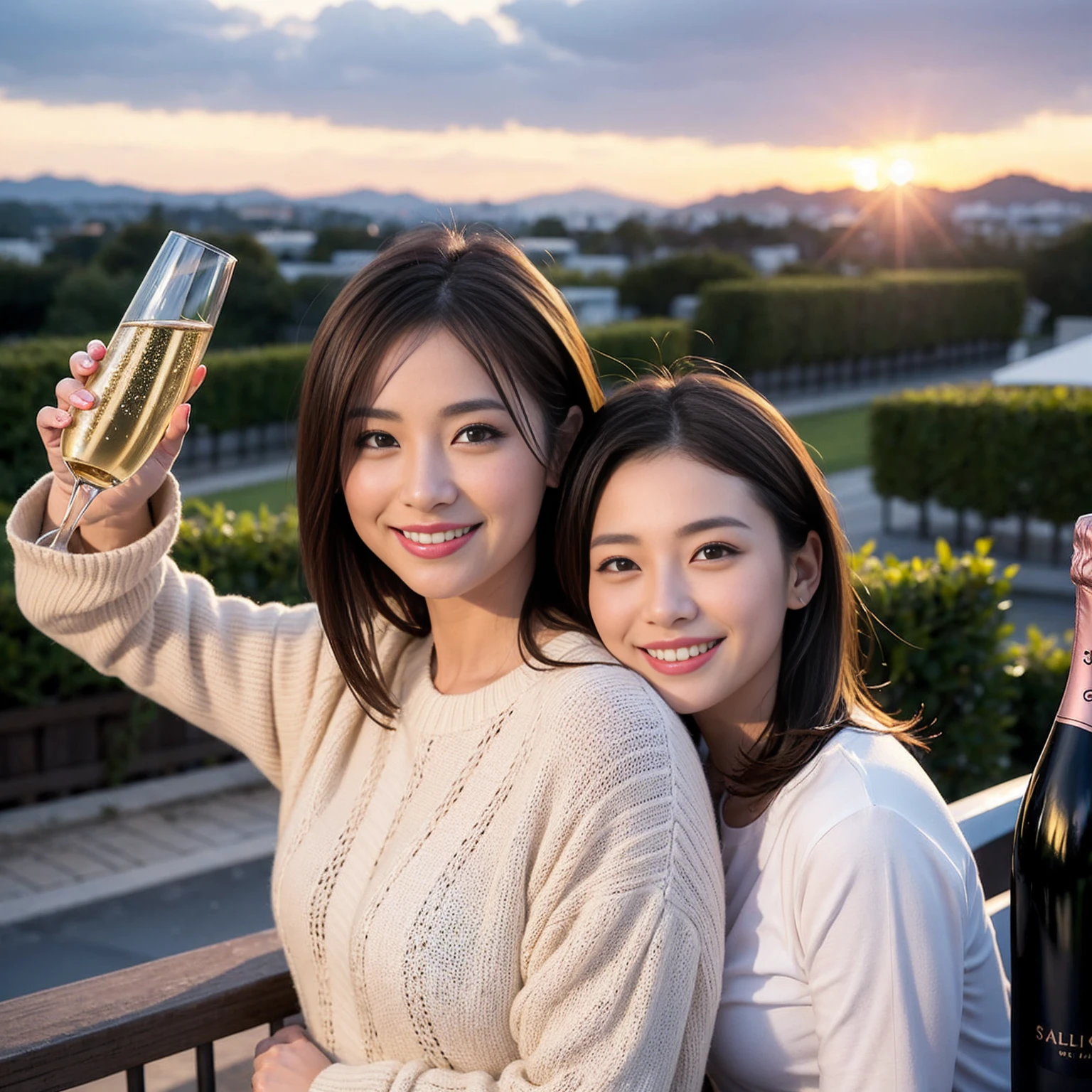 ((Highest quality、、masterpiece:1.3))、1 male 1 female、Slim Couple、Beautiful couple、Pink Couple、smile、 (Slim face), (the body is スリム), (Brown Hair), (Shortcuts), テーブルのフルコースディナーとwine glass、Amazing view of the sunset sky and clouds、smileの美しさ、Shortcuts,Bright Face、red wine 、Wine bottle、Champagne、sparkling wine、Long sleeve shirt、dress、actress, model, Upper Body, White wine, red wine, wine glass,