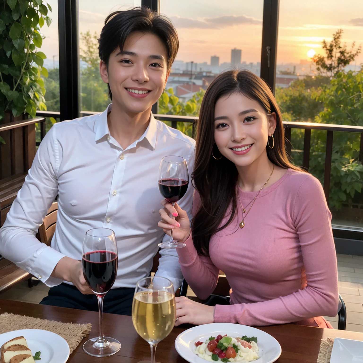((Highest quality、、masterpiece:1.3))、1 male 1 female、Slim Couple、Beautiful couple、Pink Couple、smile、 (Slim face), (the body is スリム), (Brown Hair), (Shortcuts), テーブルのフルコースディナーとwine glass、Amazing view of the sunset sky and clouds、smileの美しさ、Shortcuts,Bright Face、red wine 、Wine bottle、Champagne、sparkling wine、Long sleeve shirt、dress、actress, model, Upper Body, White wine, red wine, wine glass,