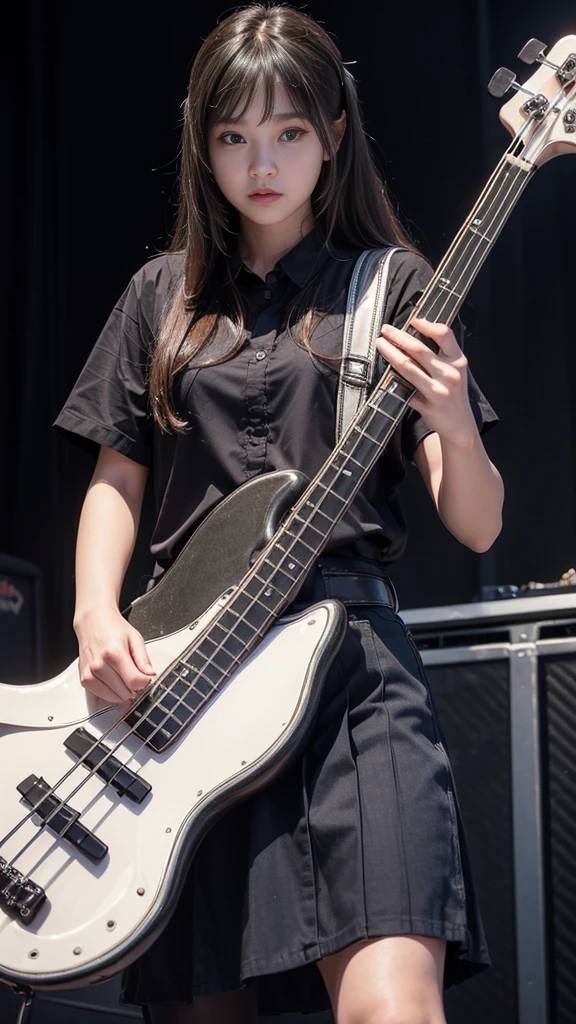 ((Beautiful girl playing electric bass on stage at rock concert:1.3)), (Table Top), (Highest quality, 8K, masterpiece:1.2, RAW Photos), (Realistic:1.2), Japanese, (Innocent face,  beautiful girl:1.2, Baby Face:1#39;s face), (Stand with your feet apart:1.2, Sexy Panty Shots:1.4), (Cute tank top and black mini skirt), Silky beautiful hair, Short pigtails, ((Detailed eyes and face:1.2, Professional photography techniques, Stage lighting)), (Detailed hands, A girl&#39;s small and beautiful hands:1.2), audience,