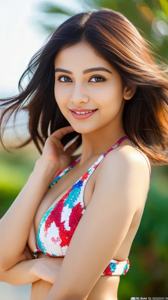 (32K:1.5), 1 girl,light smile,whole body,simple background, (realistic:1.4), (indian actress:1.3),
(indian beauty:1.4), (ultimate beauty:1.4), master piece,4k,8k,(master piece,ultra high resolution:1.5),(master piece,photo-realistic:1.5),master piece,fine eyes,master piece,detailed face, perfectly balanced face, looking at camera, hair waving in the wind, Beautiful skin like porcelain, beautiful eyes, ring-shaped eyes, biggest breasts, healthy body structure,wearing bikini,