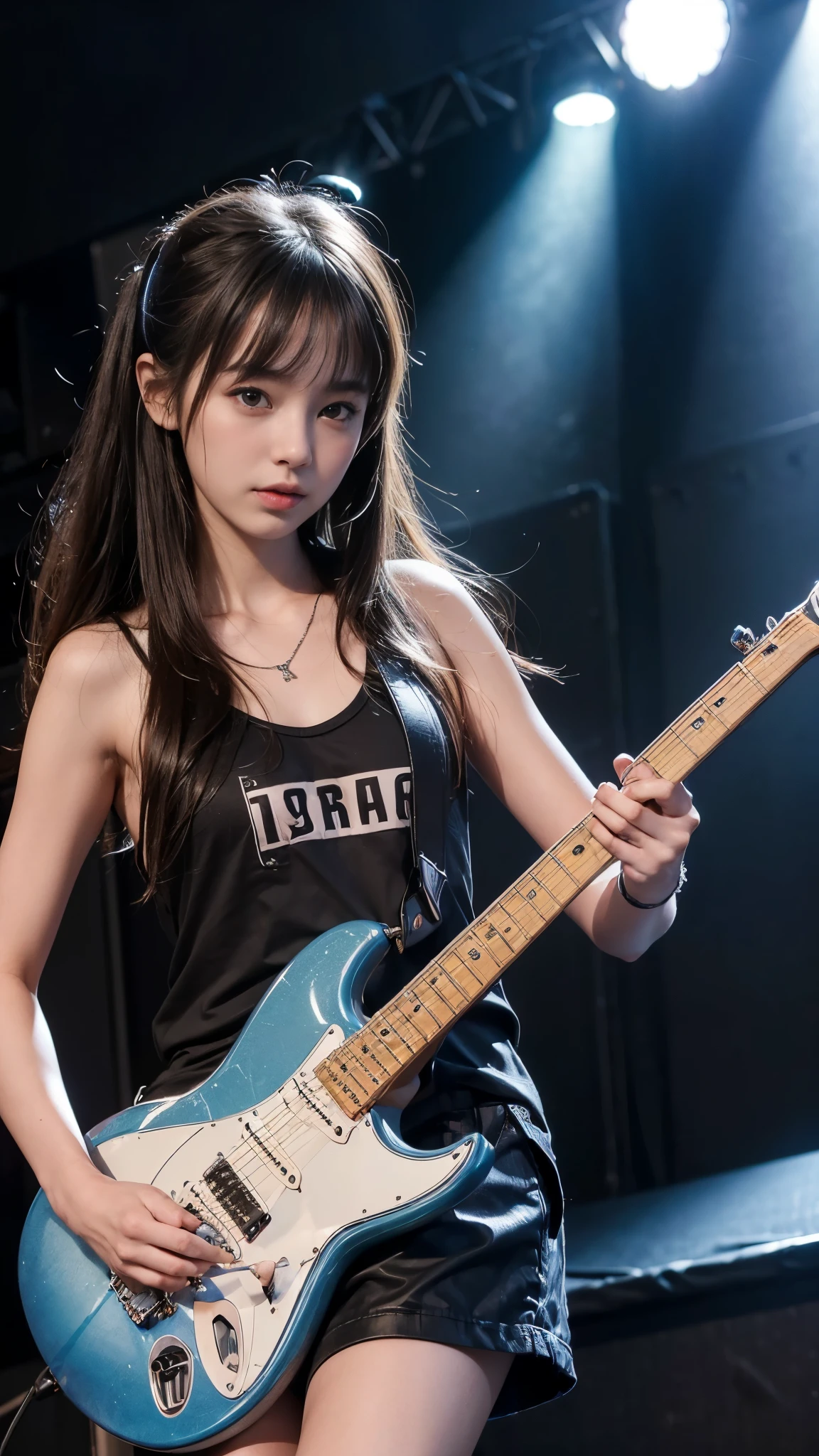 (Highest quality, masterpiece:1.2, RAW Photos), (Realistic:1.3), Realistic:1.2、One Girl、Japanese、((、Baby Face))、((Plctric guitar:1.3))、(Spread your legs:1.2、Showing white panties:1.4)、(Cute tank top)、(Black mini skirt:1.3)、(Beautiful brown hair:1.3)、((on stage at a rock concert:1.3))、(Upward bust:1.1), (Detailed eyes and face:1.2, Professional photography techniques, Cinema Lighting), (A girl&#39;s small and beautiful hands:1.2), (Perfect Anatomy:1.3), (Staring at the viewer with a mean look, blush:1.2)