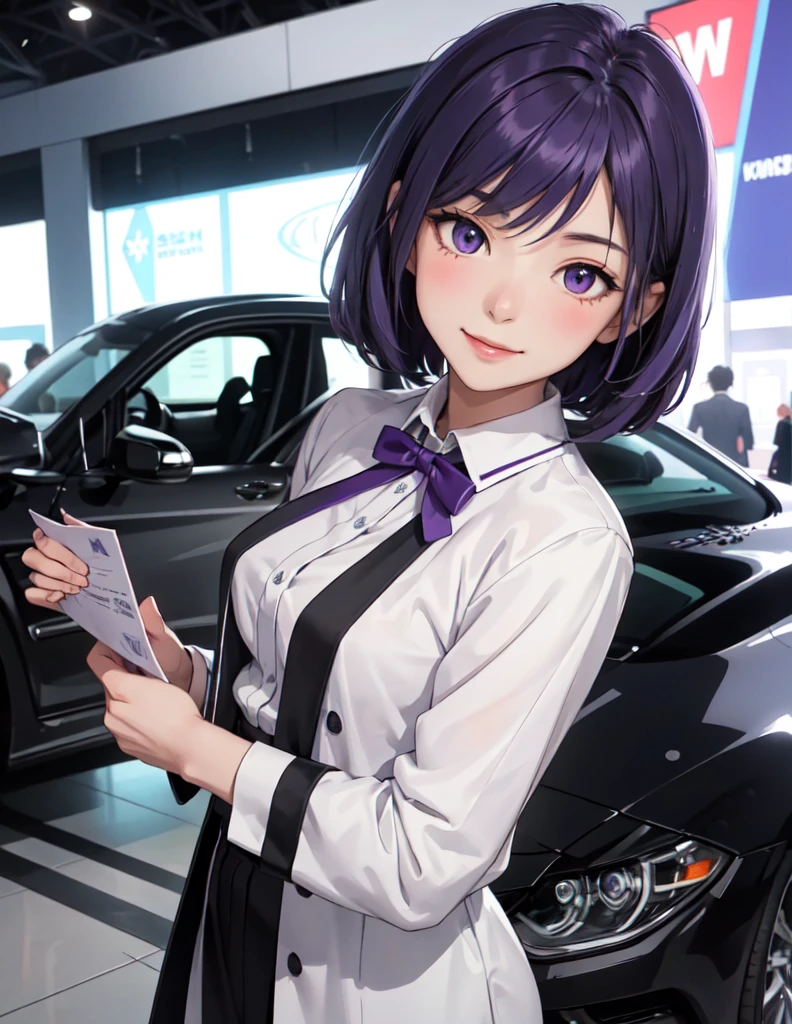 1 young anime boy solo standing, event staff (simple and chic costume), messy short bluish-purple hair, large expressive purple eyes, blush kind smile, (masterpiece best quality:1.2) delicate illustration ultra-detailed BREAK (standing next to the latest model car), (holding pamphlet) BREAK (motor show indoors), audience, detailed background