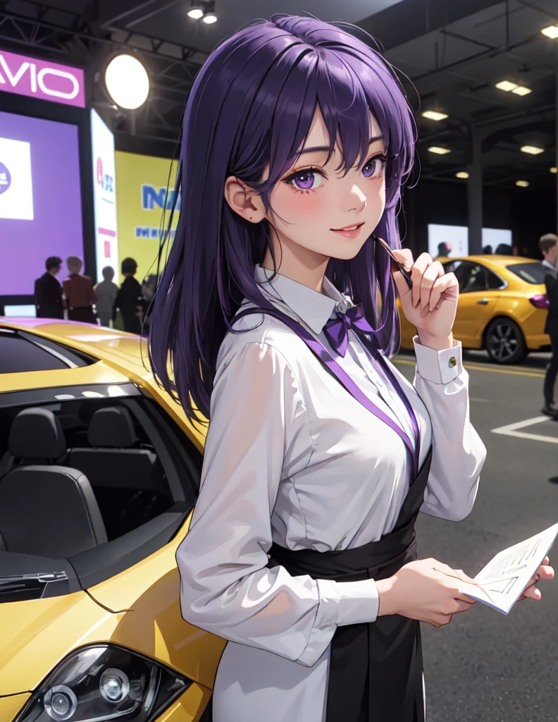 1 young anime boy solo standing, event staff (simple and chic costume), messy short bluish-purple hair, large expressive purple eyes, blush kind smile, (masterpiece best quality:1.2) delicate illustration ultra-detailed BREAK (standing next to the latest model car), (holding pamphlet) BREAK (motor show indoors), audience, detailed background