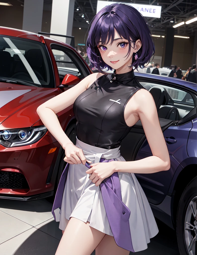 1 young anime boy solo standing, event staff (simple and chic costume), messy short bluish-purple hair, large expressive purple eyes, blush kind smile, (masterpiece best quality:1.2) delicate illustration ultra-detailed BREAK (standing next to the latest model car), (holding pamphlet) BREAK (motor show indoors), audience, detailed background