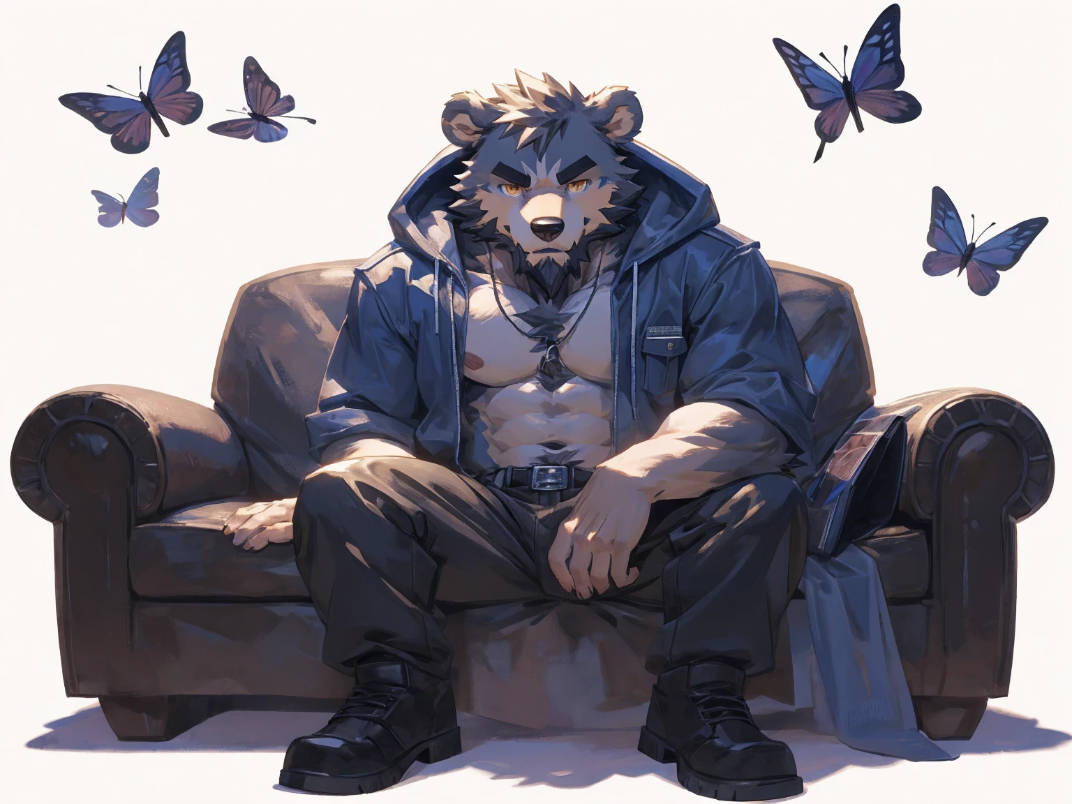 (masterpiece:1.2), best quality,pixiv,official art,perfect anatomy, (Ray tracing, light),solo, (1_male:1.3) , (muscle), (grey fur:1.4), (muscle bear), (beard:1.2), (gleaming golden eyes), bear tail, full body, Thick black eyebrows,(open hooded parka), (naked inside), (cargo pants:1.2), boots , (pure white background: 1.3), sitting on sofa , look at viewer , reach hand , touch a butterfly