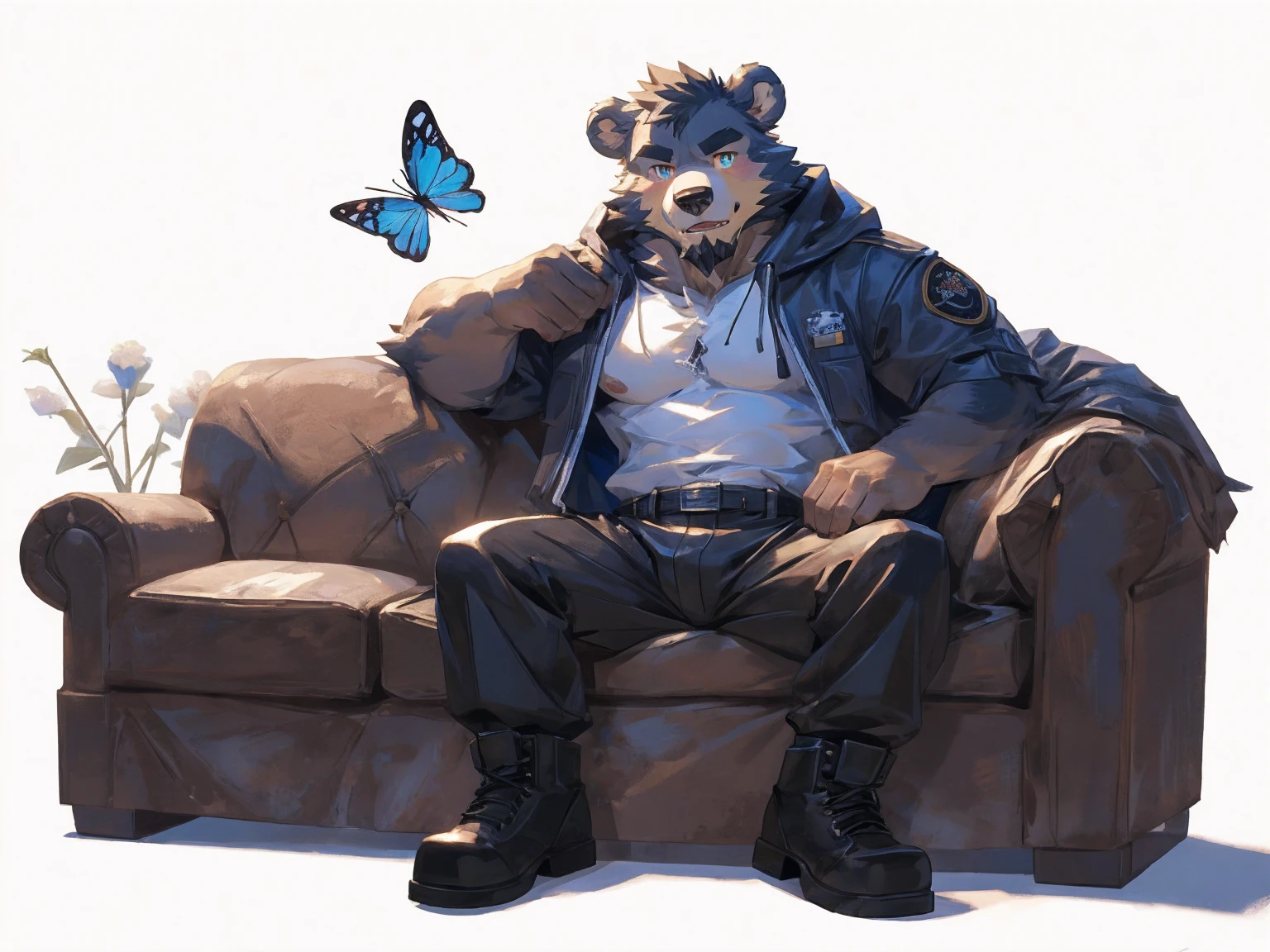 (masterpiece:1.2), best quality,pixiv,official art,perfect anatomy, (Ray tracing, light),solo, (1_male:1.3) , (muscle), (grey fur:1.4), (muscle bear), (beard:1.2), (gleaming golden eyes), bear tail, full body, Thick black eyebrows,(open hooded parka), (naked inside), (cargo pants:1.2), boots , (pure white background: 1.3), sitting on sofa , look at viewer , reach hand , touch a butterfly