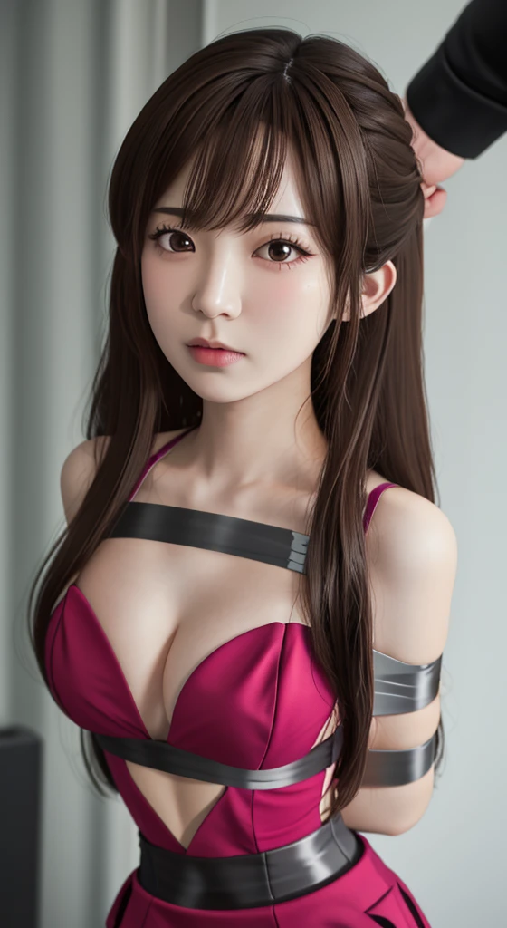 masterpiece, absurdres, 1girl, length hair, floating hair, brown hair, hair detailed, large breasts, breasts out,Bound, Bondage, (arms behind back:1.4), BDSM, tape, TAPE BONDAGE, close-up, srestrained, best anatomy, Curled up, angry face, shout, Upper body, blushing face, humiliation, desperate, (stripped naked), (front), (men touching her), touching breasts, pov hand squeezing breasts