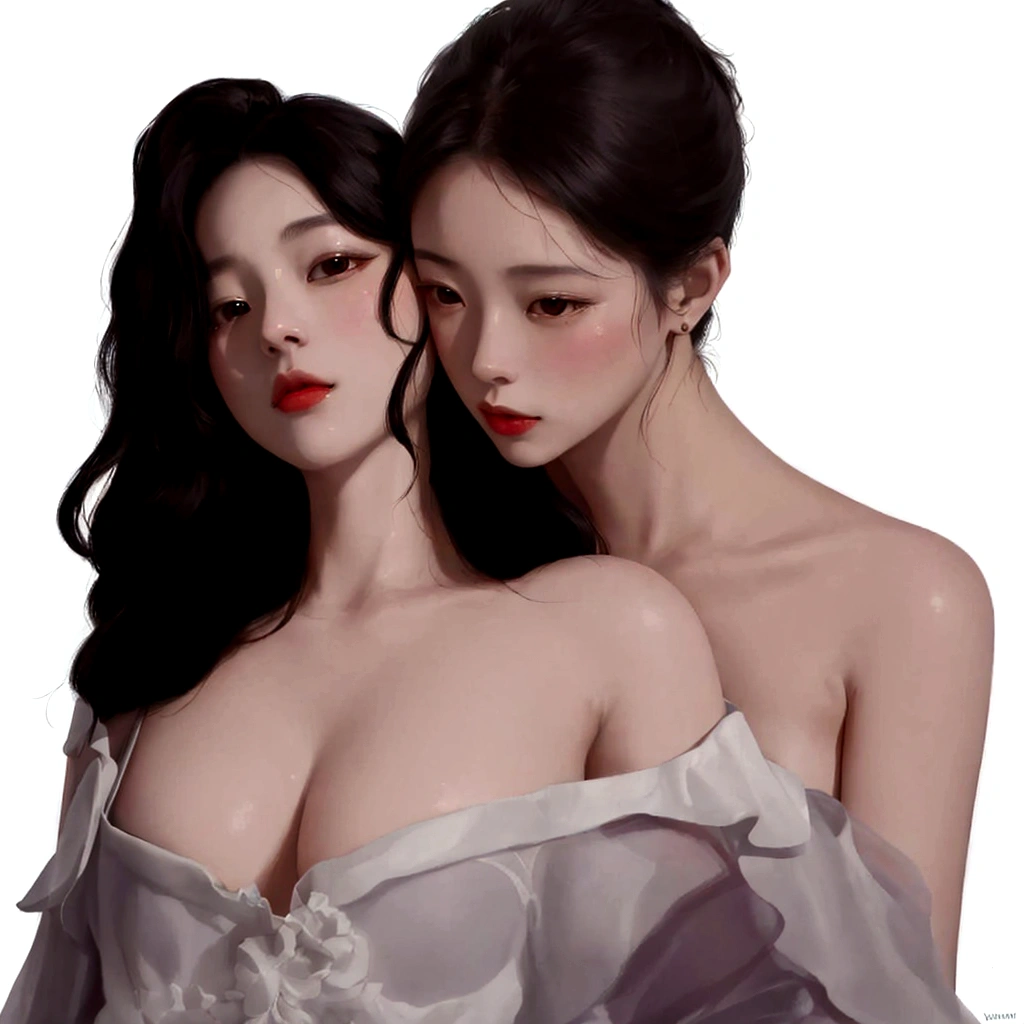 there are two women that are standing next to each other, artwork in the style of Guvez, In the art form of the pond, two women, Inspiration from Yan Juncheng, two women, digital pain, By Yang J, Greedy and failed, Inspiration from Kim Deuksin, Wolop and Sakimi-chan, Guvez