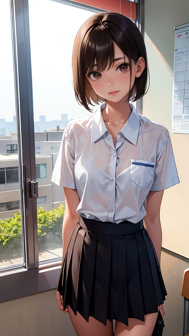 (1 woman), short bob, 18 years old, Japanese, brown eyes, brown hair, slim, (flat chest), high school girl, classroom, summer uniform break at school. Blouse was white and transparent, so bra was visible. Black bra