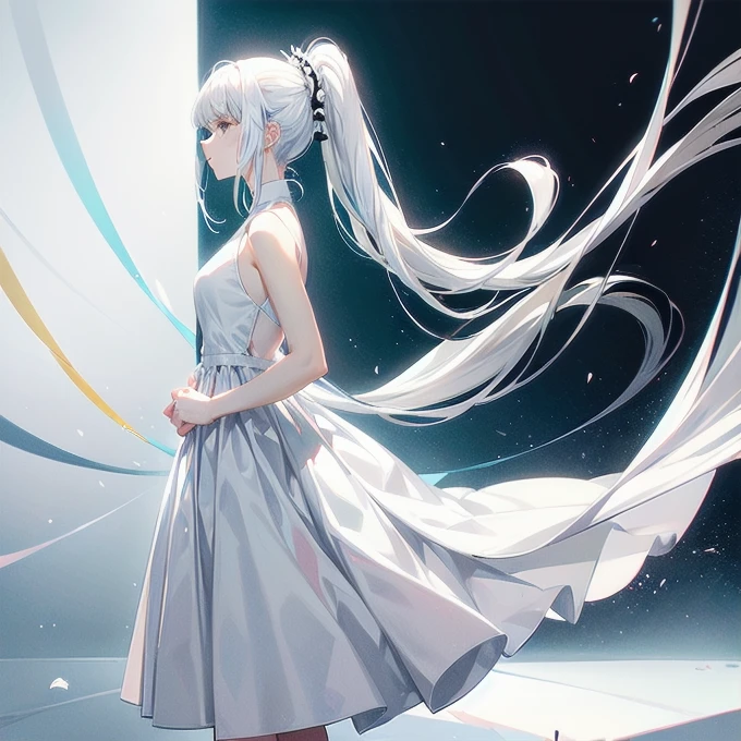 A girl with white hair and high ponytail，Dressed in a long white dress，Black pants，No other decoration，Clean white legs，Bare arms，Simple skirt，Clothing not fitting，Princess dress