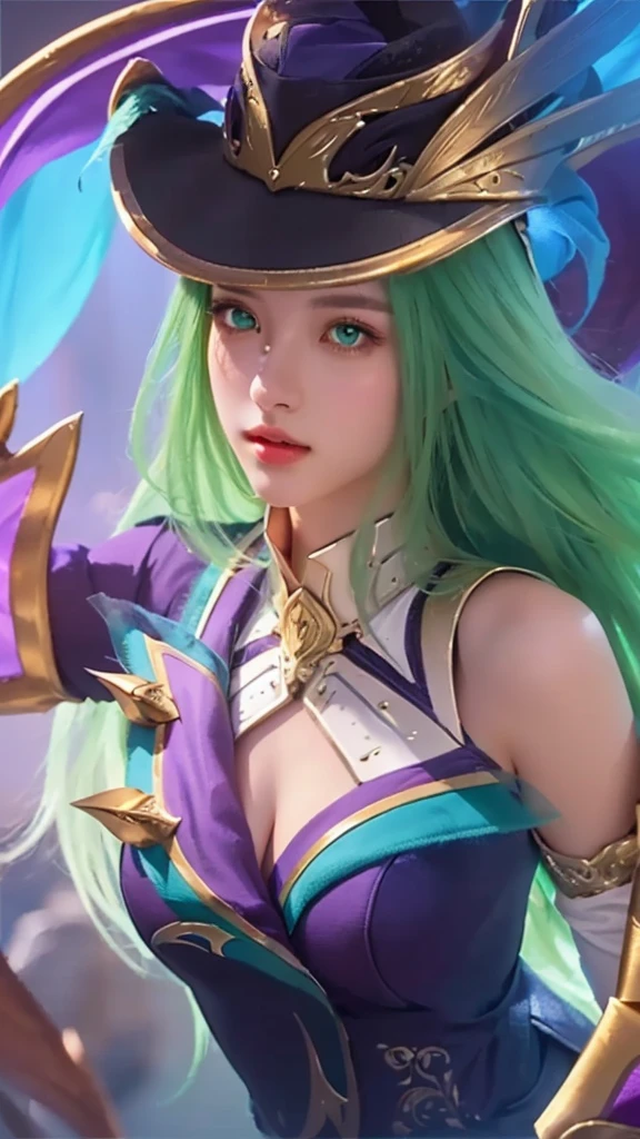 a close up portrait of a girl with long green hair and a hat, detailed facial features, beautiful emerald green eyes, delicate nose, full lips, intricate zodiac knight armor, fantasy armor, ornate details, dramatic lighting, highly detailed, cinematic, digital art, masterpiece, 8k, photorealistic, hyper-detailed