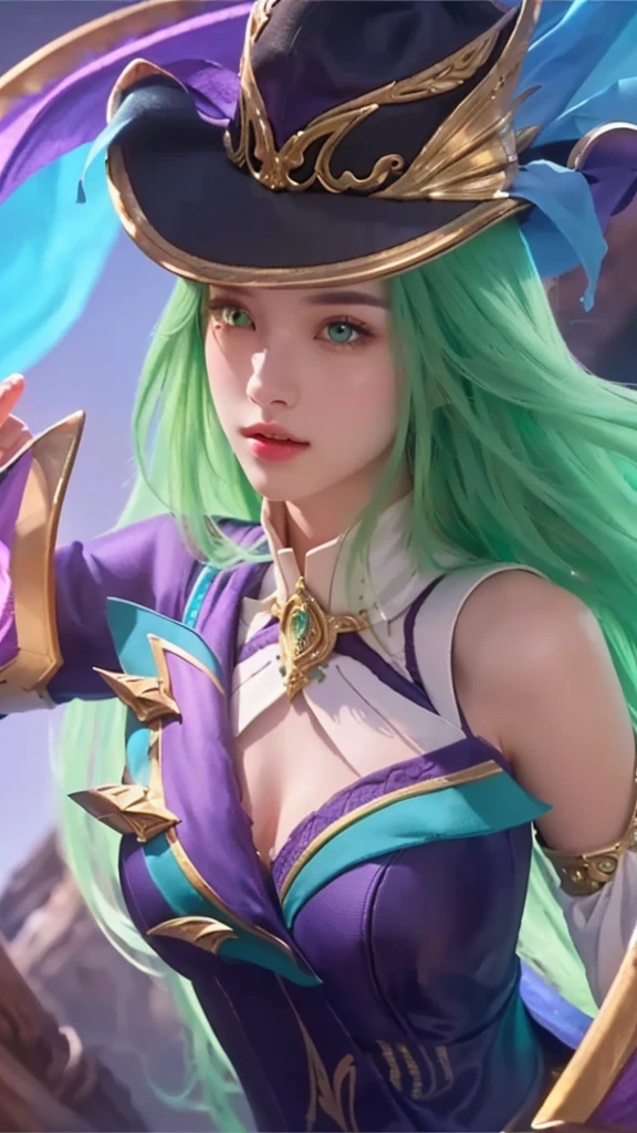 a close up portrait of a girl with long green hair and a hat, detailed facial features, beautiful emerald green eyes, delicate nose, full lips, intricate zodiac knight armor, fantasy armor, ornate details, dramatic lighting, highly detailed, cinematic, digital art, masterpiece, 8k, photorealistic, hyper-detailed