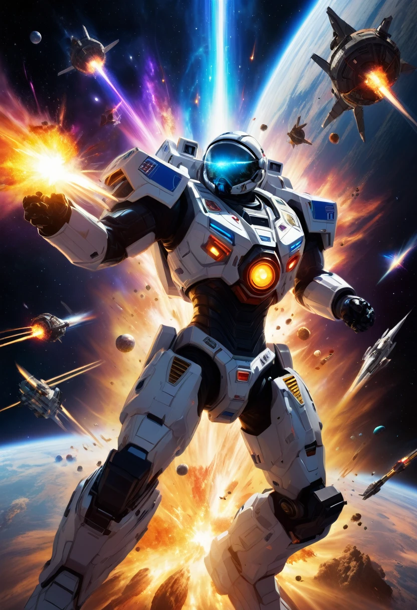 B-RRS, Darkness of the universe, Destroyed planet, Collapsing Space Station, Battleship, Space Soldier, Robot Soldier, Plasma Weapons, energy sword, Hand-to-hand combat in space, Space station battle, explosion, fireball, Plasma Energy, Afterglow, inflammation, spark