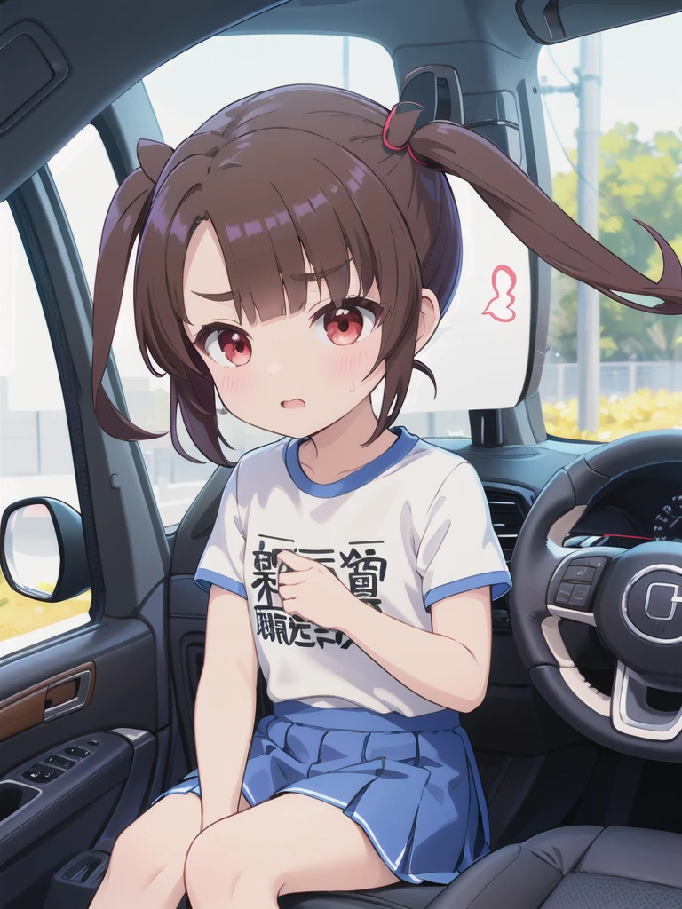 In the car,Sitting,Take the wheel,driving,1 Girl, 独奏, Red eyes,Fluttering Hair, Twin tails, brown hair,crawling,((顔 focus)),upper body,White T-shirt,Blue Skirt, bangs, eyebrows visible through hair, Flat Chest,