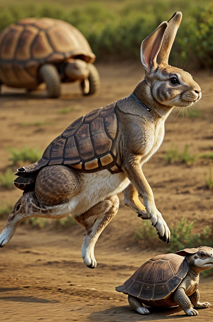 A fast running rabbit and a slow moving tortoise cartoon photo.
