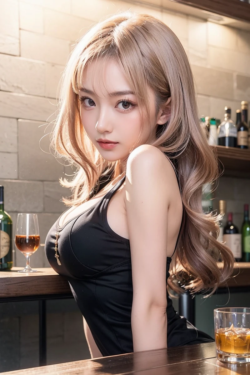 Beautiful Japanese Waifu, early 30s, brunette hair, black thight vest, behind bar table