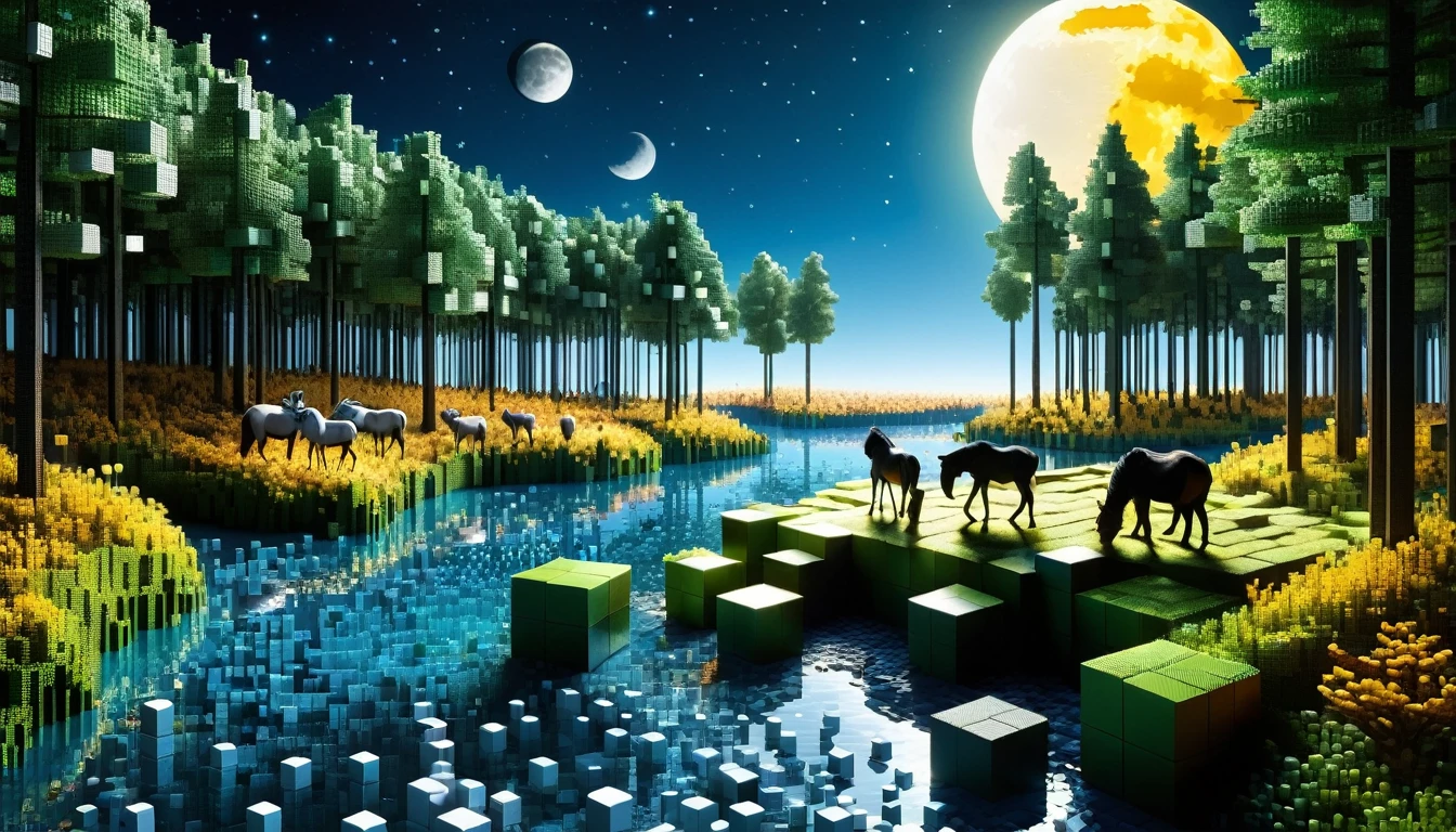 An enchanted forest made up of RAL-3D cubes, There are lots of small wildlife,Wrapped in the magical light of the moon,Very beautiful secret forest,You can see a beautiful river flowing from the top of the mountain.,Small wild animals gather