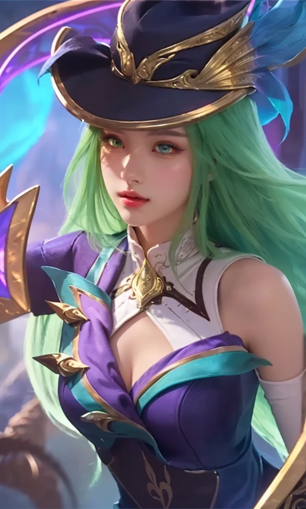 a close up portrait of a girl with long green hair and a hat, detailed facial features, beautiful emerald green eyes, delicate nose, full lips, intricate zodiac knight armor, fantasy armor, ornate details, dramatic lighting, highly detailed, cinematic, digital art, masterpiece, 8k, photorealistic, hyper-detailed