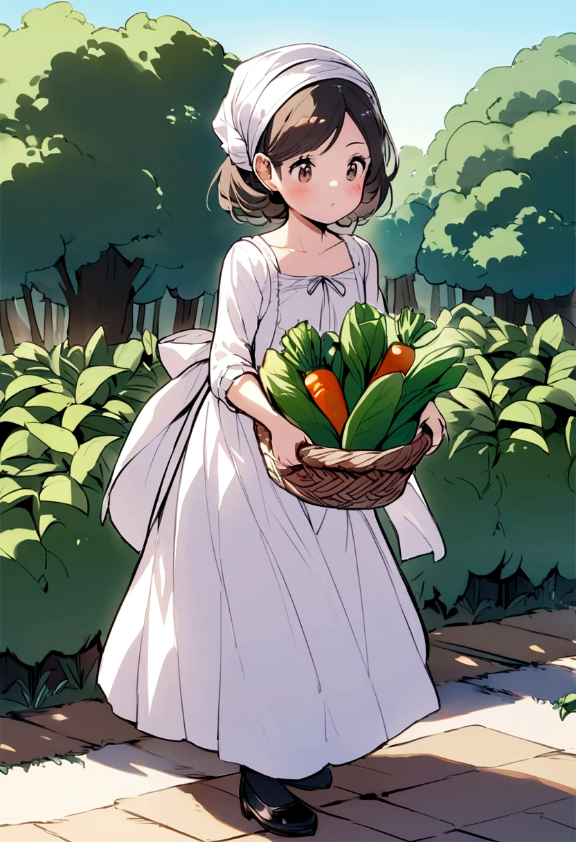 Show her helping with chores, perhaps carrying a basket of freshly harvested vegetables.