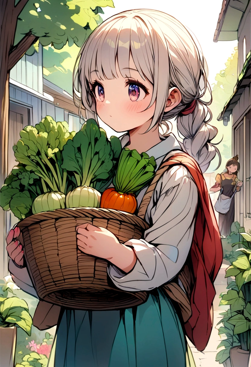Show her helping with chores, perhaps carrying a basket of freshly harvested vegetables.