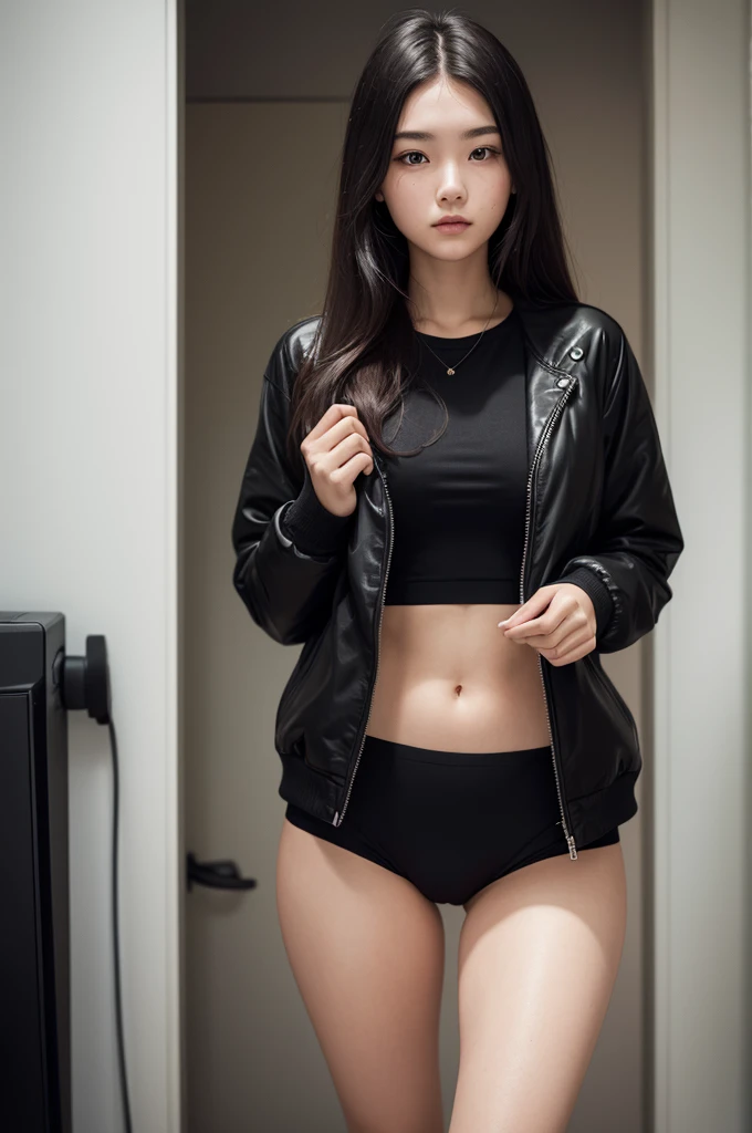 photograph of a 20 year old woman, face perfect, OGood de arte, Good, Underwear, blackw_Good, jaket, blackw_knickers