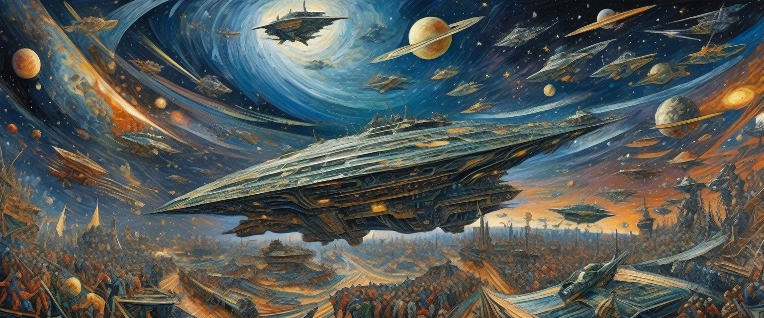 [panorama]:(best quality, Masterpiece:1,6)Space War((style by Umberto-Boccioni)), (oil painting), Detailed illustration, grotesque, Intricate details, tempering, (aesthetics), excitement, hyper-realistic, insanely detailed, 8k