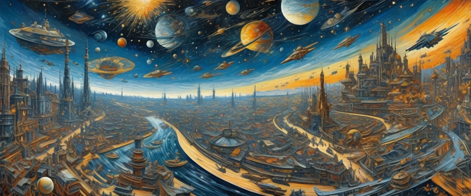 [panorama]:(best quality, Masterpiece:1,6)Space War((style by Umberto-Boccioni)), (oil painting), Detailed illustration, grotesque, Intricate details, tempering, (aesthetics), excitement, hyper-realistic, insanely detailed, 8k