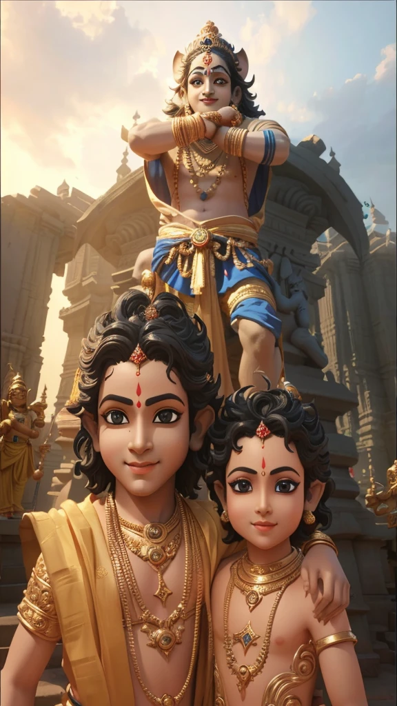 there are two children boys lord krishna that are standing next to a statue, matte painting portrait shot, 3 d render and matte painting, movie promotional image, in matte painting, monkey man statue background, fantasy matte painting，cute, beautiful avatar pictures, inspired by Thota Vaikuntham, fanart, official fanart, by Thota Vaikuntham, hindu aesthetic, fan art, official art