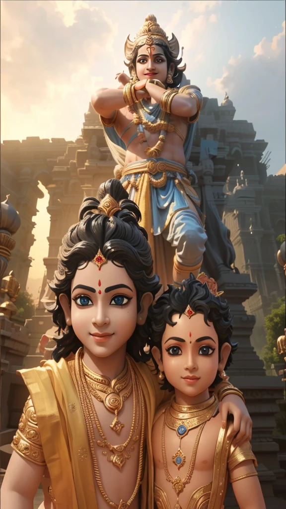 there are two children boys lord krishna that are standing next to a statue, matte painting portrait shot, 3 d render and matte painting, movie promotional image, in matte painting, monkey man statue background, fantasy matte painting，cute, beautiful avatar pictures, inspired by Thota Vaikuntham, fanart, official fanart, by Thota Vaikuntham, hindu aesthetic, fan art, official art