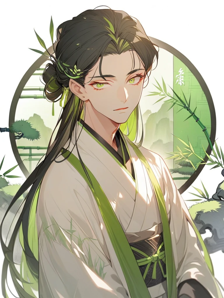 1 ancient adult man，Beautiful face，Exquisite facial features，Middle-parted long hair，Black hair，With green hairpin，Cool temperament，White clothes，Bamboo pattern decoration，Background light green landscape，Half figure，Light and Shadow，Bright and clear color