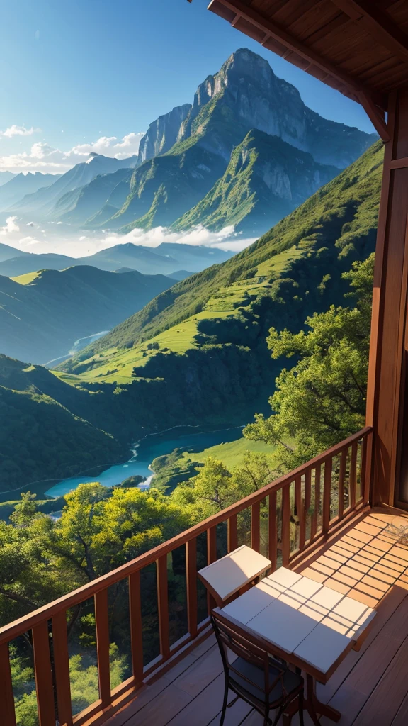 (masterpiece,Highest quality:8K) Affordable bedroom with mountain views and balcony, Beautiful views, A soothing and comfortable landscape, Detailed view, インスタグラムの写真 Nice views, beautifully、aesthetic, Beautiful nature in the background, Amazing scenery in the background, 8K Photorender Reality Engine, Beautiful views, Overlooking the valley, Nice views, beautiful place, paradise in the background