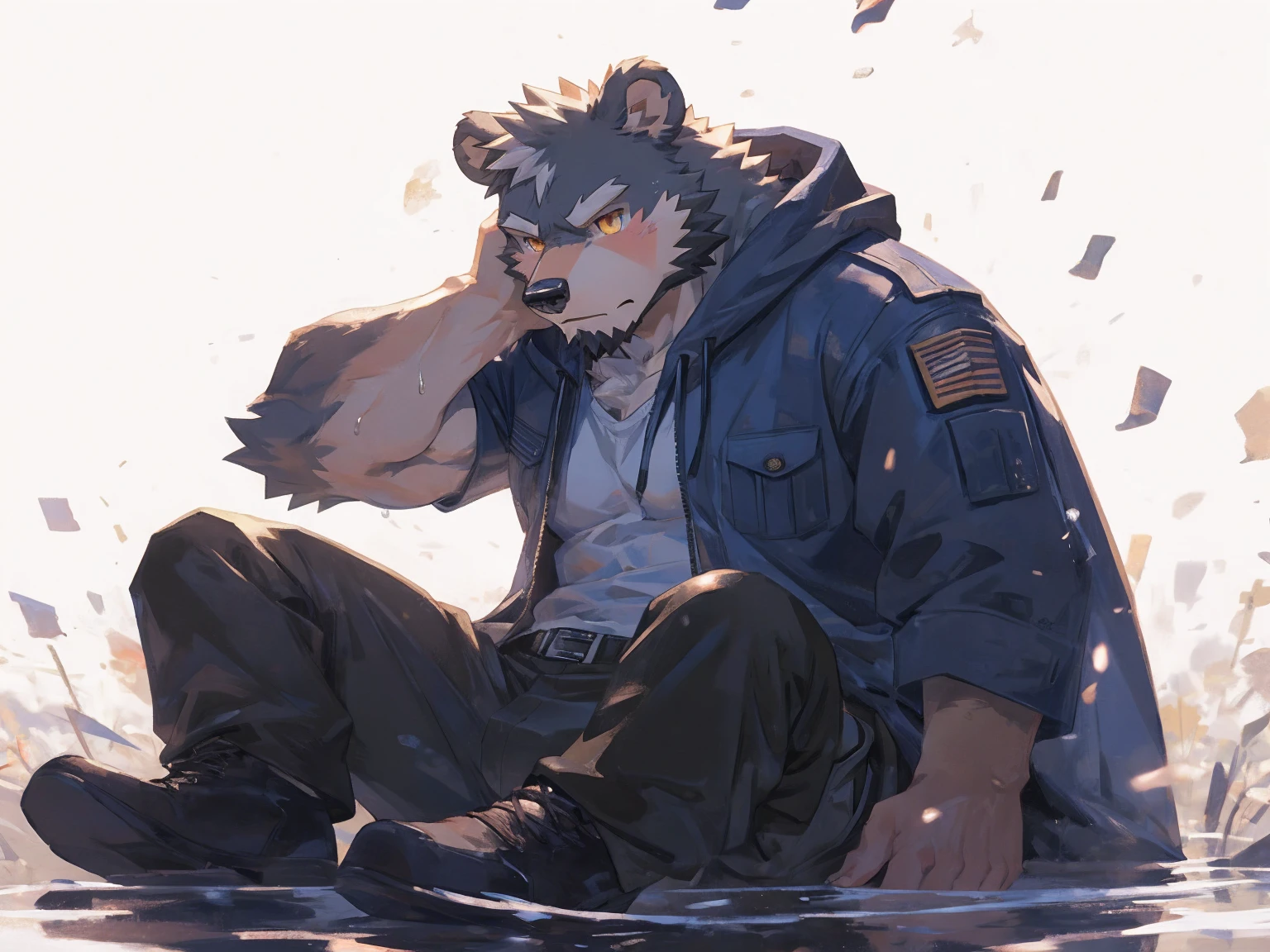 (masterpiece:1.2), best quality,pixiv,official art,perfect anatomy, (Ray tracing, light),solo, (1_male:1.3) , (muscle), (grey fur:1.4), (muscle bear), (beard:1.2), (gleaming golden eyes), bear tail, full body, Thick black eyebrows,(open hooded parka), (naked inside), (cargo pants:1.2), boots , (pure white background: 1.3), wet, wet body , Rain , rainning , fog , unhappy