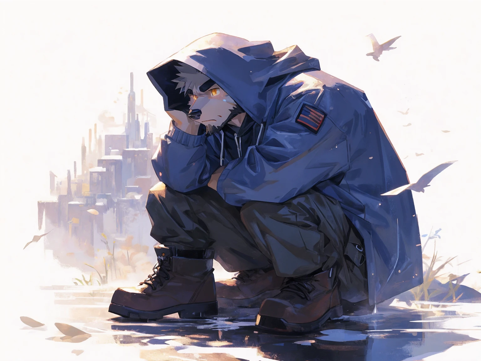 (masterpiece:1.2), best quality,pixiv,official art,perfect anatomy, (Ray tracing, light),solo, (1_male:1.3) , (muscle), (grey fur:1.4), (muscle bear), (beard:1.2), (gleaming golden eyes), bear tail, full body, Thick black eyebrows,(open hooded parka), (naked inside), (cargo pants:1.2), boots , (pure white background: 1.3), wet, wet body , Rain , rainning , fog , unhappy