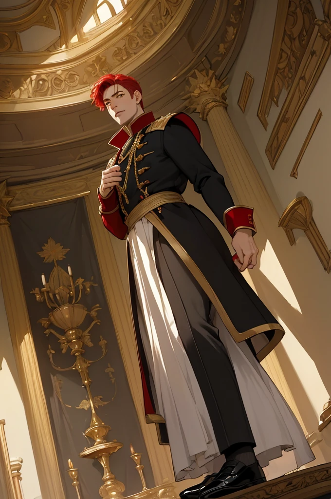 (masterpiece, highest quality), a low perspective view of a young man walking inside  the castle he has red hair and yellow eyes and five fingers , he is also wearing a red royal medieval clothing and has golden medals on his chest, and is wearing black noble shoes, and in the background is the ceiling of the castle hall