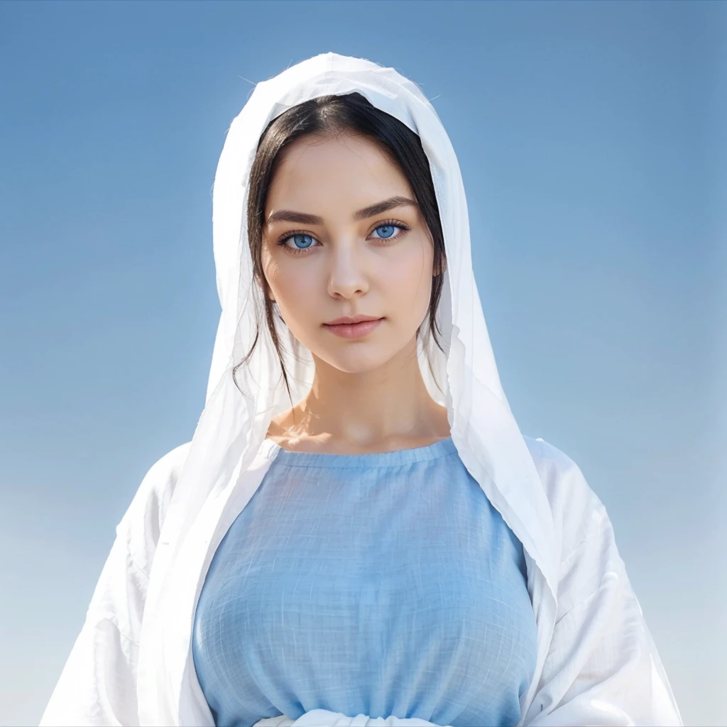 Beautiful woman with light blue eyes, Raised eyebrows, Black hair. White linen tunic with wide, long sleeves, fitted at the waist with an interlaced white sash. Delicate female face with slight smile.