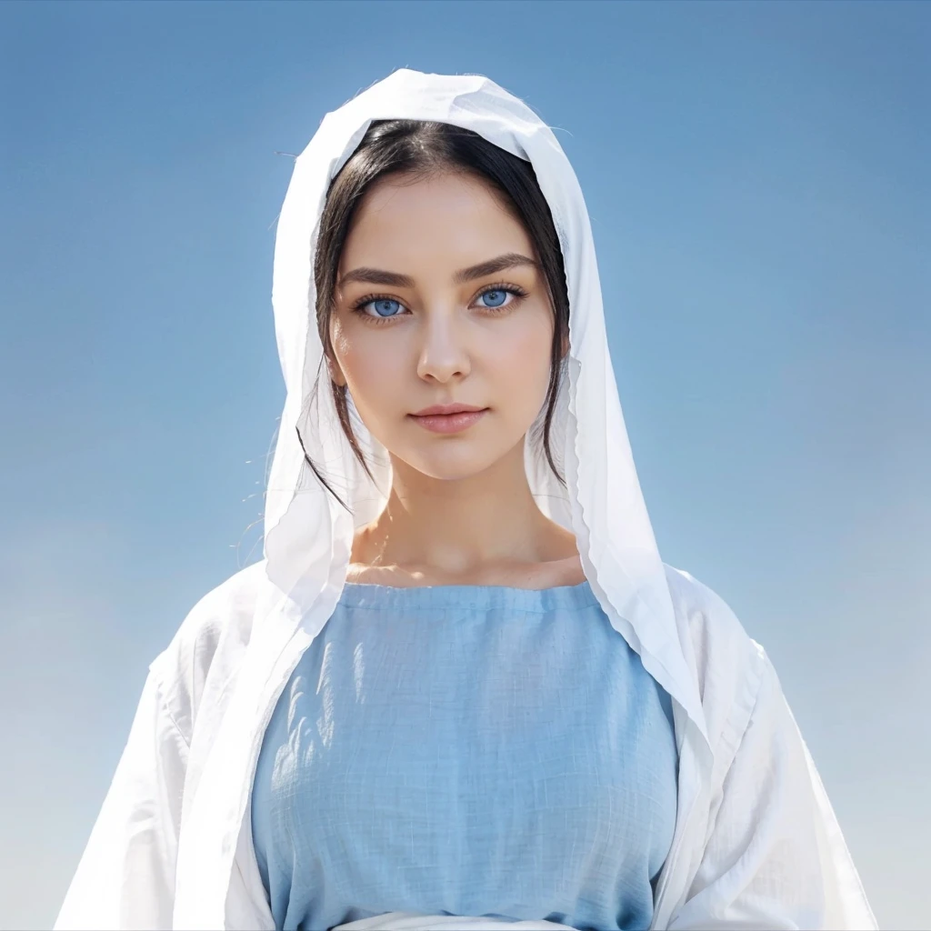 Beautiful woman with light blue eyes, Raised eyebrows, Black hair. White linen tunic with wide, long sleeves, fitted at the waist with an interlaced white sash. Delicate female face with slight smile.