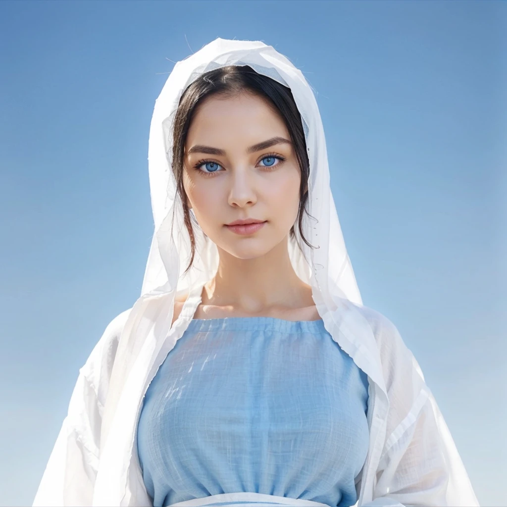 Beautiful woman with light blue eyes, Raised eyebrows, Black hair. White linen tunic with wide, long sleeves, fitted at the waist with an interlaced white sash. Delicate female face with slight smile.